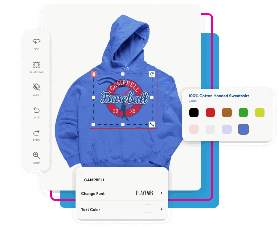 The printmoi.ca online designer: a hoodie mock-up with the text, artwork and colour tools open